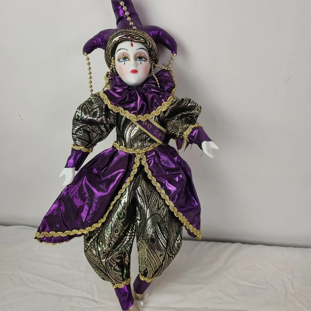 Vintage Harlequin Jester Porcelain Doll Mardi Gras Purple Gold Grand Casino